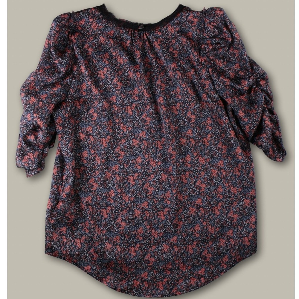 Avec Les Filles Floral Lace Trim Ruched Sleeve Blouse M Navy Coral Boho Chic Top - Picture 7 of 9